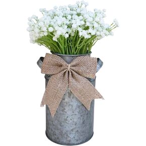 Winlyn Artificial Baby's Breath Centerpiece with Rustic Galvanized Metal Milk Can 11" Tall White Faux Gypsophila Flower Bunches Farmhouse Floral Arrangement for Home Wedding Baby Shower Table Décor