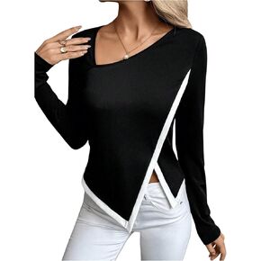 OYOANGLE Women's Asymmetrical Neck Long Sleeve Shirts Slim Fit Split Hem Tee Tops