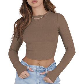 Womens Long Sleeve Crop Tops Ribbed Y2k Going Out Workout Tops T Shirt for Teen Girl Fall Winter 2024