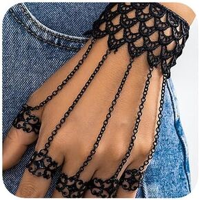 Women Gothic Halloween Black Punk Finger Rings Chain Bracelets with Ring Finger Wrist Chains Body Accessory Bracelets for Women