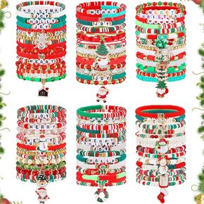 100 Pcs Christmas Beaded Bracelets for Women Stackable Bracelets Preppy Clay Stretch Beads christmas jewelry Cute Xmas Bracelets Bulk Holiday Charm Jewelry Gifts for Women