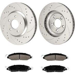 Front Brake Rotors and Pads kit Torchbeam replacement for 2005-2010 M-u-stang, 54134+D1081 Drilled and Slotted Brake Rotors Ceramic Brake Pads