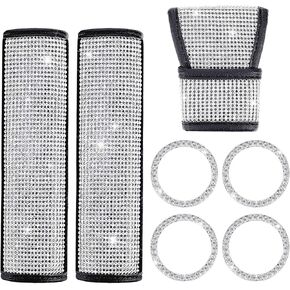 Crystal Diamond Car Accessories, Include Bling Car Gear Shift Cover Auto Shift Gear Cover, 2 Pieces Crystal Diamond Car Seat Belt Covers and 4 Pieces Car Sticker Ring Emblem for Car Decorations