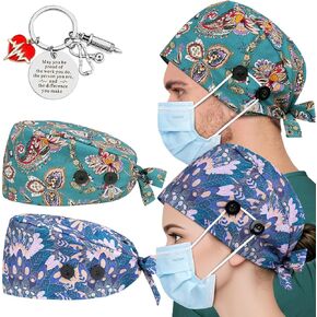 2 Pcs Scrub Caps Satin Lined for Women Men Nurse Hats 4 Buttons