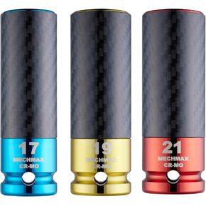 3 Piece MECHMAX High-Strength Wheel Protector Non-marring Lug Nut Socket Set, 1/2 Inch Drive17, 19, 21 mm, Chrome Molybdenum Steel Carbon Fiber Sleeve with Storage Box
