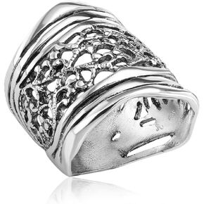 925 Sterling Silver Ring - Multi Textured Lace Shield Ring - Oxidized Textured Vintage Design - Hypoallergenic, Nickel & Lead-free - Artisan Handcrafted Designer Collection (Size 5-11)