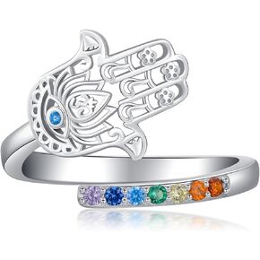 Hamsa Rings 925 Sterling Silver Evil Eye/Chakra Adjustable Open Ring Rings Hamsa Jewelry Christmas Gifts for Women