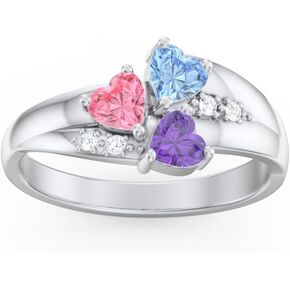 Mothers Ring with 3 Birthstones, Custom Birthstone Ring for Women in Sterling Silver or White Gold, Personalized 3 Heart Birthstones, Sizes 5-12
