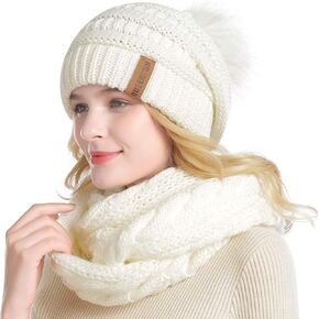 QUEENFUR Hat and Scarf Set for Women Thick Winter Cable Knit Beanie Scarf White Set