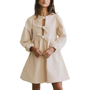 Womens Fall Dresses Crewneck Long Puff Sleeve Cute Bow Tie Front Ruffle Corduroy Babydoll A-Line Mini Dresss