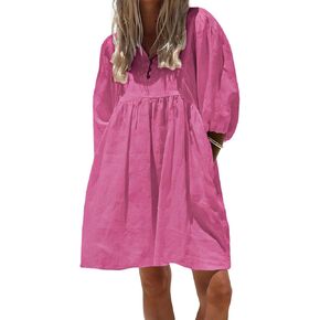 chouyatou Women's Summer Puff Sleeve Cotton Tunic Dress V-Neck Mini Vacation Babydoll Dress