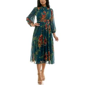 Gabby Skye Women's Long Sleeve Mock Neck Floral Print Shadow Stripe Chiffon Maxi Dress
