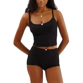 RUEWEY Women Floral Pajama Set Spaghetti Strap Lace Cami Crop Tops and Shorts Knit Lounge Set 2 Piece Outfits
