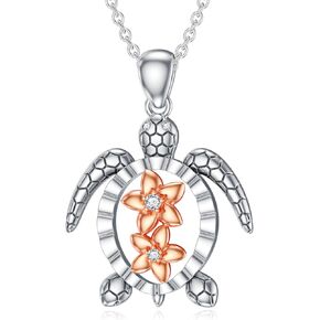 Diamond Sea Turtle Necklace for Women 925 Sterling Silver Plumeria Flower and Turtle Pendant Necklace with Lab Grown Diamond Jewelry Gifts