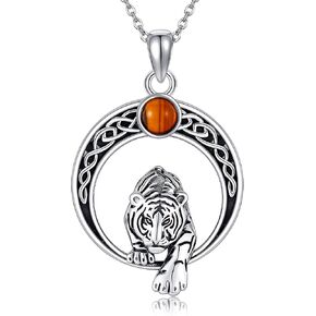 YAFEINI Tiger Necklace For Women 925 Sterling Silver Tiger Eye Stone Vintage Tiger Pendant Necklace Celtic Tiger Necklace Jewelry With Presents Box