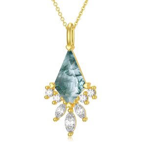 18K Gold Kite Natural Moss Agate Necklace for Women Personalized Natural Green Moss Agate Necklace with Moissanite Jewelry Gifts for Birthday Mothers Day Anniversary Her