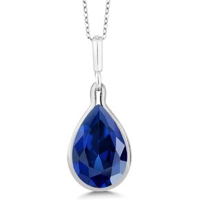 Gem Stone King 925 Sterling Silver Blue Created Sapphire Teardrop Pendant Necklace For Women | 10.20 Cttw | Pear Shape 16X12MM | With 18 Inch Chain