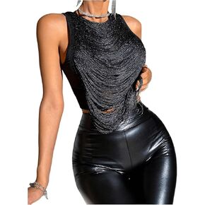 SOLY HUX Women's Fringe Trim Crop Tank Top Sleeveless Crew Neck Going Out Party Tops