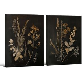 WLZWD Dark Botanical Floral Wall Art Moody Academia Plant Poster Set of 2 Vintage Antique Cottagecore Flower Canvas Prints for Living Room Bedroom Wall Decor 12x16 inch Unframed