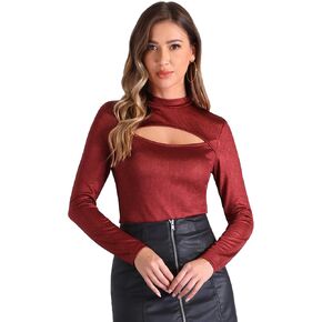 Allegra K Glitter Top for Women's Cutout Mock Neck Long Sleeve Party Sparkle Tops