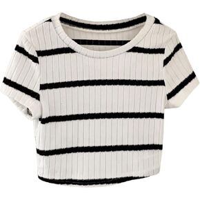 Women's Striped Ribbed Knit Crop Tops Crew Neck Short Sleeve Slim Fit Tee Shirt