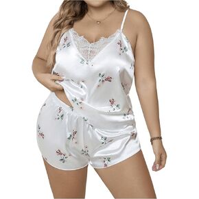 Women's Plus Size Pajamas Satin Lace Loungewear Floral Printed Cami and Shorts Pajama Set