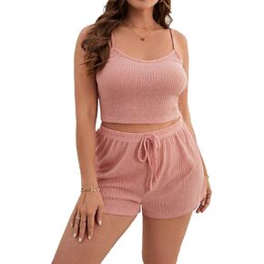 WDIRARA Women's Plus Size Sleepwear Scoop Neck Cami Top and Tie Front Shorts Pajama Set