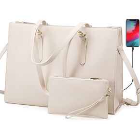 LOVEVOOK Laptop Bag for Women, Large Capacity Work Tote Bag, Fashion Shoulder Bag with Clutch Purse, 15.6-inch Computer Business Briefcase Travel Bag 2 Pcs Set, White-Brown