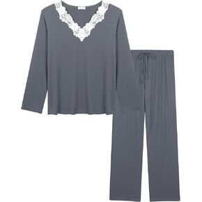 Cherrydew Women's Sleepwear Viscose Made from Bamboo Lace Trim Top and Pants Pajama Set Two Piece Loungewear Pjs