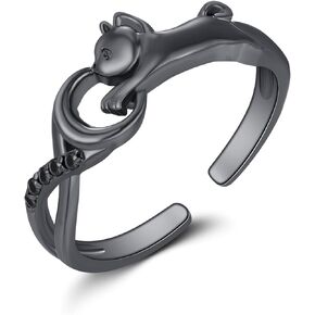 Dreamboat Cat Ring for Women Sterling Silver Black/Silver Cat Ring Cat Open Adjustable Ring Jewelry Christmas Gift for Cat Lovers Her