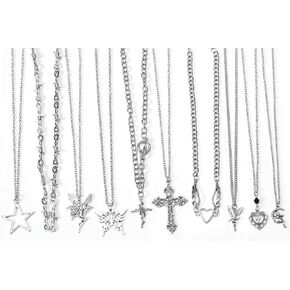 10 Pcs Y2k Necklace Set for Women, Goth Grunge Accessories Jewelry Necklaces, Gothic Cross Fairy Thorns Gothic Angel Heart Feather Star Butterfly Emo Vintage Silver Pendant Necklace in Kuwait
