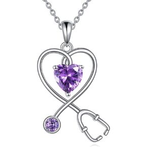 Nurse Necklace for Women 925 Sterling Silver Stethoscope Pendant Necklace Heart Birthstone Jewelry Gift