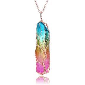 PESOENTH Crystal Necklace Life Tree Rainbow Quartz Gemstone Healing Stone Necklace Rose Gold Wire Wrap Necklace Crystal Jewelry Spiritual Gifts for Women