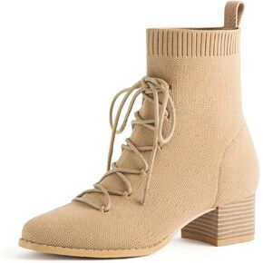 Knit Ankle Boots Lace-up Pointed Toe 1.5 Inch Chunky Block Heel Women Booties Fall Winter Shoes