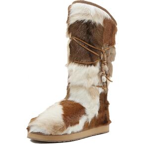 Mel&Syd Sheepskin Boots Snow Warm Long Fox Fur Tassel Winter Boots High Calf Booties for Womens Girls Genuine Fur Round Toe Shearling Casual Versatile Knee High Flat Outdoor Shoes