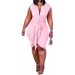 IyMoo Women's Sexy Plus Size Bodycon Sleeveless Drawstring Ruched Mini Club Dresses