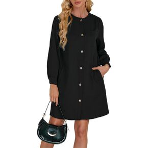 Women's Button Down Mini Dress Long Puff Sleeve Loose Fit Shift Dresses with Pockets