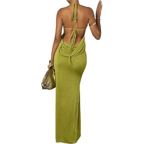 SOLY HUX Women's Backless Bodycon Maxi Dress Halter Draped Sleeveless Party Club Long Dresses