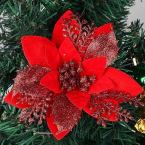 RECUTMS Christmas Tree Ornaments 10Pcs Glitter Poinsettia,Artificial Poinsettia Flowers Xmas Tree Ornaments 6" Wide for Xmas Tree Wreaths Garland Holiday Seasonal Wedding Decorations(Gold)