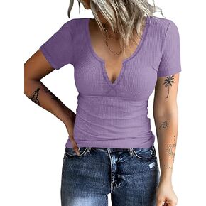 AKEWEI Women's Short Sleeve Tops Soft V Neck Ribbed Knit Shirts Basic Comfortable Clothes Tunic