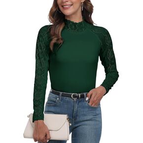 Womens Lace Shirts Long Sleeve Casual Tops Slim Fit Knit High Neck Work Dressy Blouse