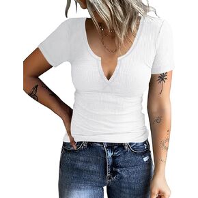 AKEWEI Women's Short Sleeve Tops Soft V Neck Ribbed Knit Shirts Basic Comfortable Clothes Tunic in Kuwait