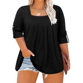 Women's Plus Size Long Sleeve 3/4 Sleeve Tunics Square Neck Tops Casual Loose Fit T Shirt Blouse Fall Tops XL~5XL