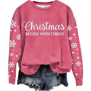 LLHXRUI Christmas Begins With Christ Pullover for Women Long Sleeve Christmas Sweatshirt Inspirational Christian Raglan Shirt