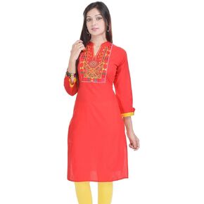Chichi Indian Women's Plain with Embroidered Neck Cotton Kurti Top