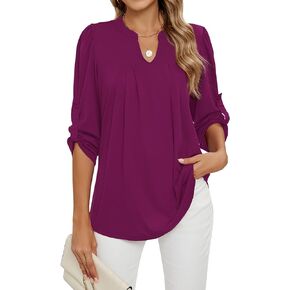 Blooming Jelly Women's Tunic Tops Business Casual Fall Blouses Pleated V Neck Long Sleeve Shirts(Fuchsia, Medium)