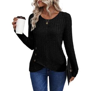 EVALESS Womens Long Sleeve Tops Casual Crewneck Button Ribbed T Shirts Lightweight Fall Fashion Sweaters