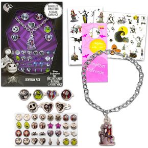 The Nightmare Before Christmas Jewelry Set - Bundle with Jack Skellington and Sally Charm Bracelet, Rings, Sticker Earrings, and More for Kids