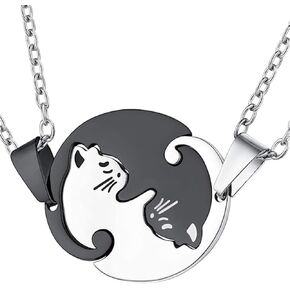 Dreuyet Cat Matching Necklaces Best Friend Necklaces Heart Yin Yang Cat Friendship Necklace Black White Matching Puzzle Cat Couples Necklace Cute Cat Hugging Necklace Anniversary Jewelry