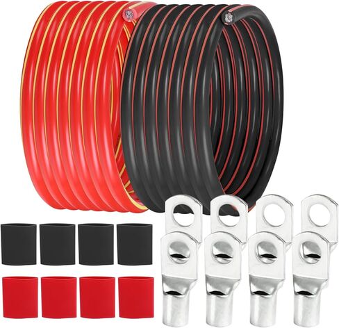 2 Gauge Battery Power Cable (12 Feet Black, 12 Feet Red) - 2 AWG Copper Clad Welding Wire with M8 & M10 SC Connector Lugs for Car, Camper, RV, Solar Low Voltage Wiring in Kuwait